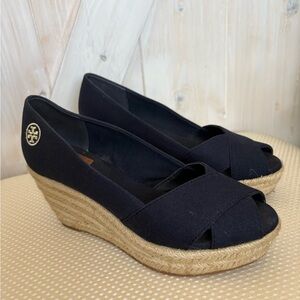 Tory Burch Filipa Navy Canvas Wedge Espadrilles 7.5